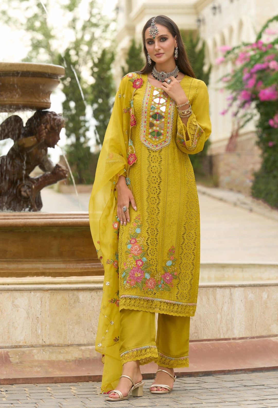 Chandrani Marigold Schiffli Full Work Suit Set