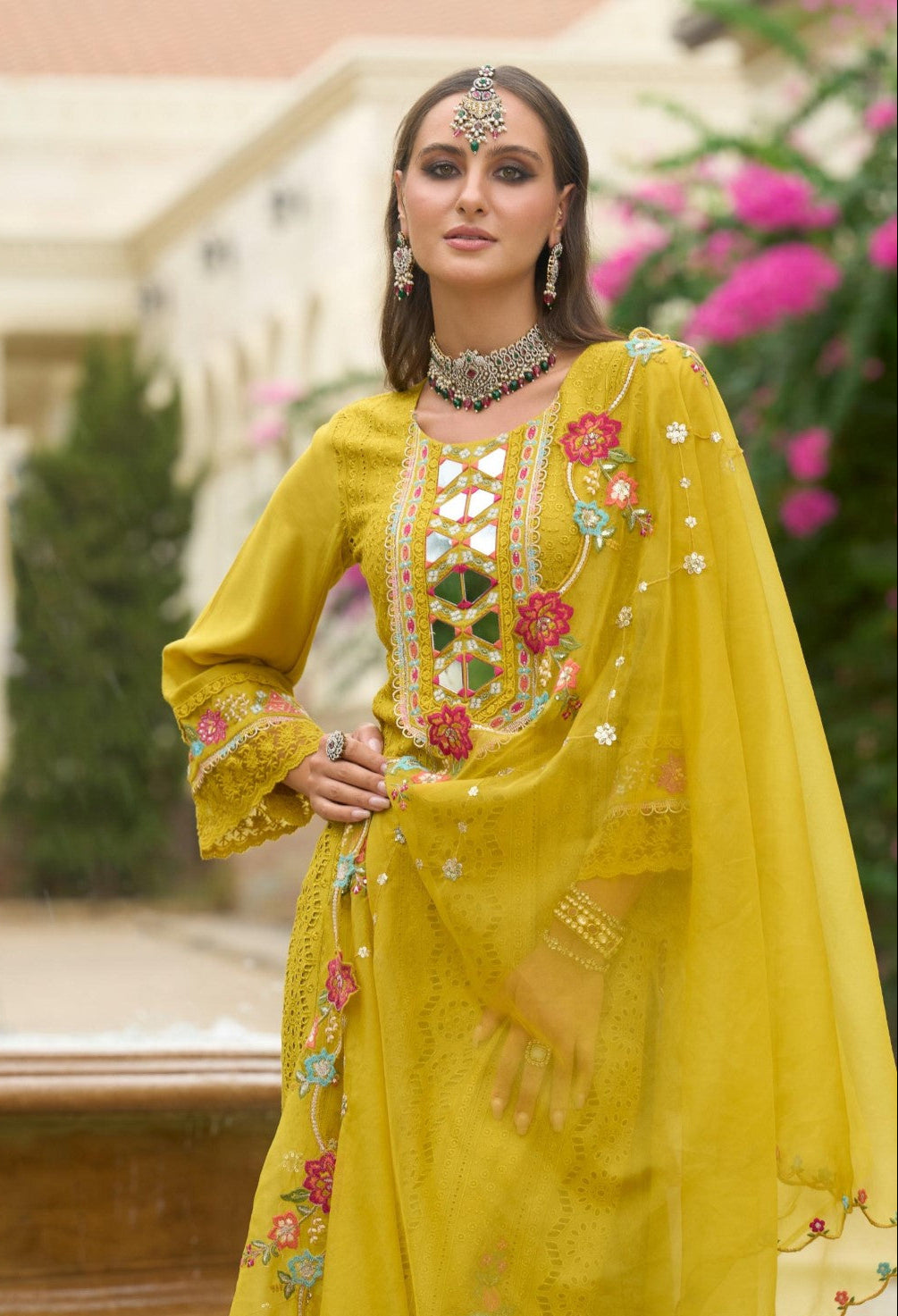 Chandrani Marigold Schiffli Full Work Suit Set