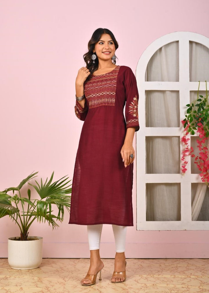 Sarvari Burgundy Embroidered Kurti