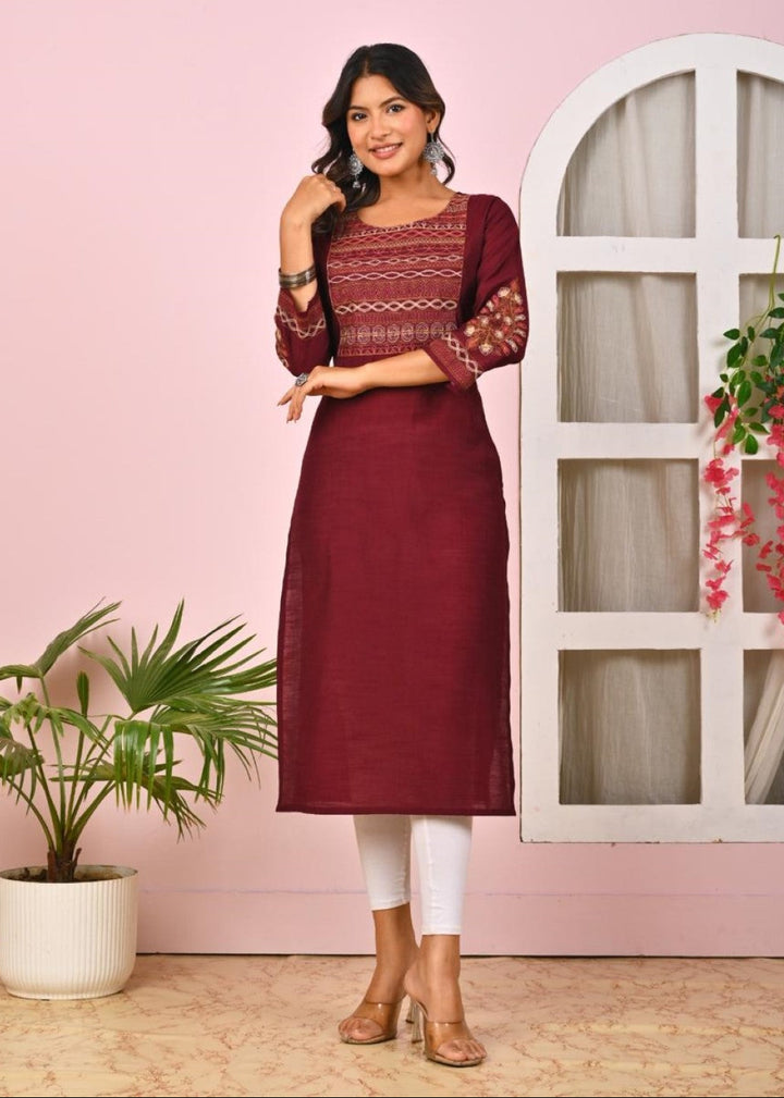 Sarvari Burgundy Embroidered Kurti