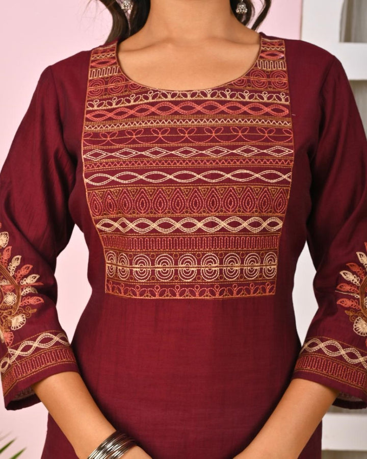Sarvari Burgundy Embroidered Kurti