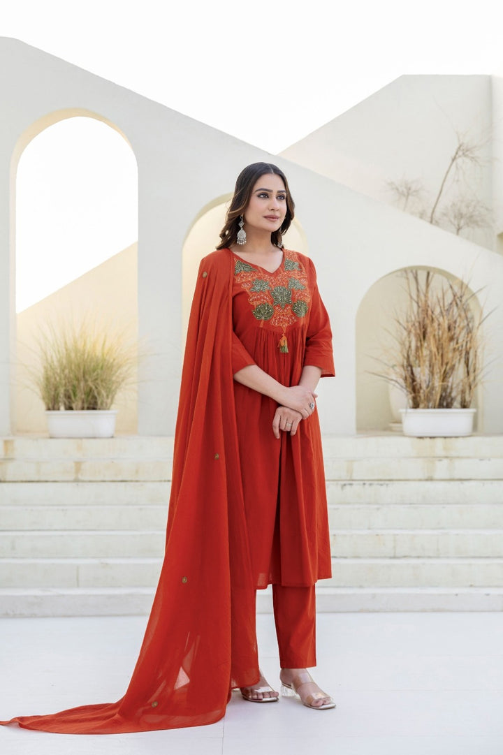 Shruti Rust Embroidered Suit Set