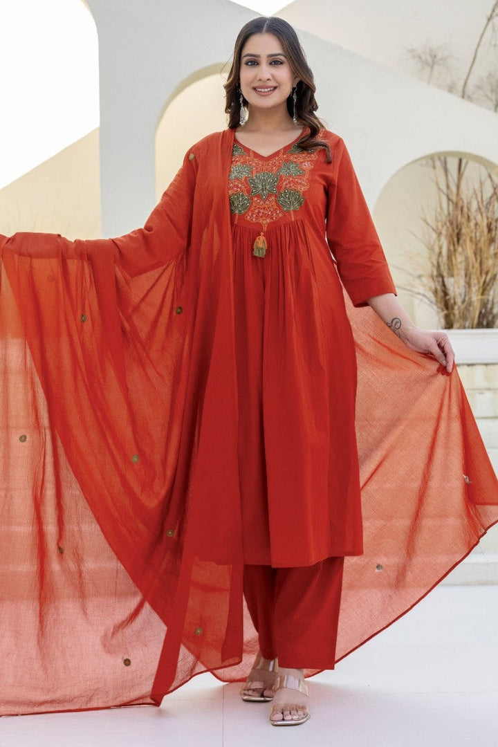 Shruti Rust Embroidered Suit Set