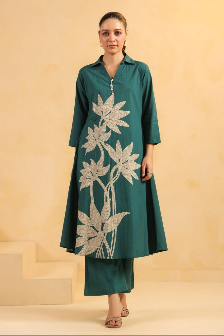 Sargi Teal Printed Cotton Kurta Pant Set
