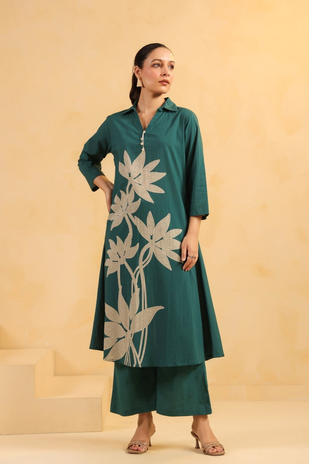 Sargi Teal Printed Cotton Kurta Pant Set