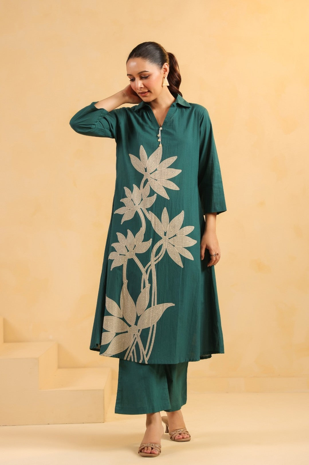 Sargi Teal Printed Cotton Kurta Pant Set