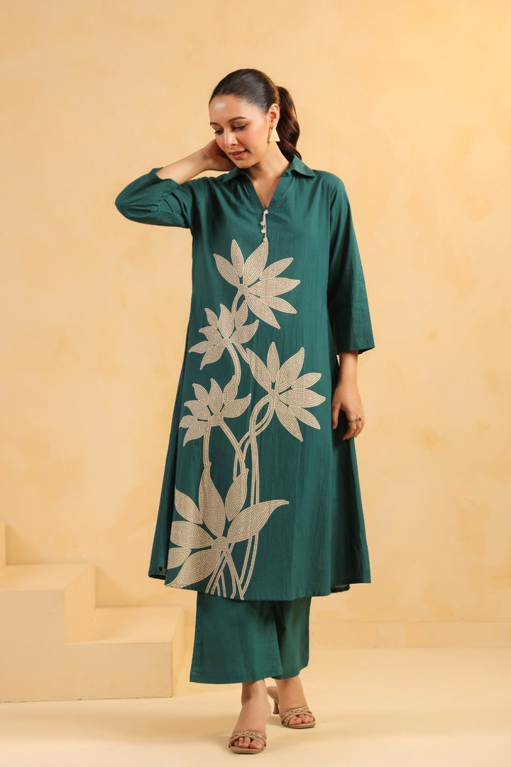 Sargi Teal Printed Cotton Kurta Pant Set