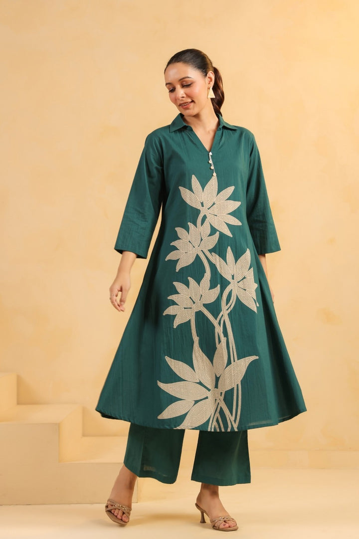 Sargi Teal Printed Cotton Kurta Pant Set