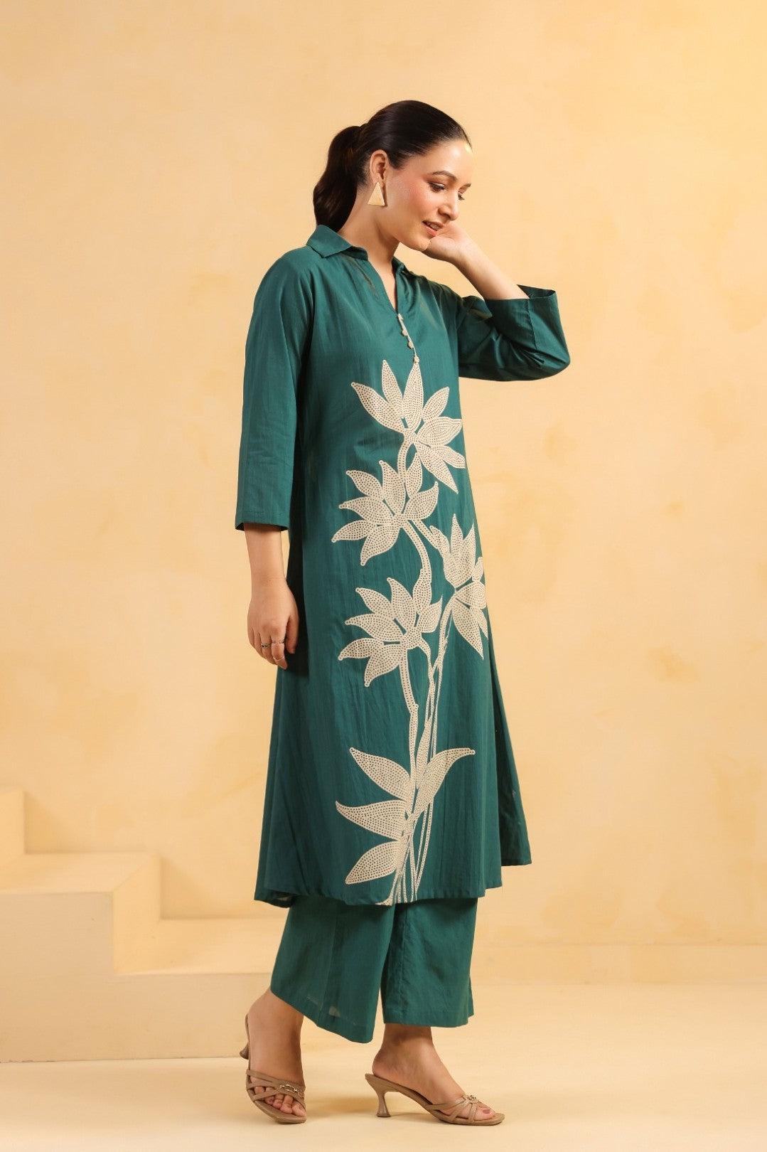 Sargi Teal Printed Cotton Kurta Pant Set
