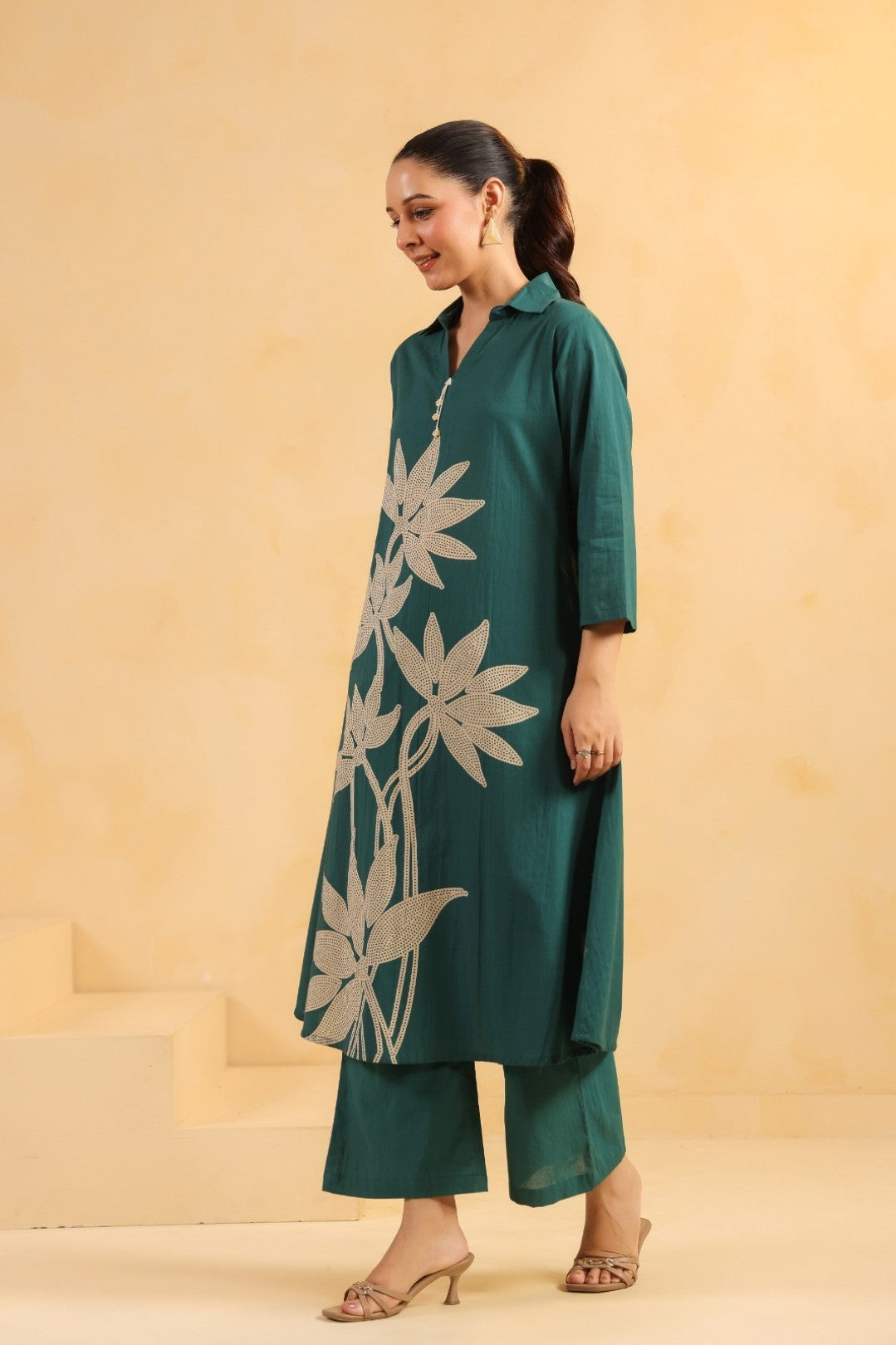 Sargi Teal Printed Cotton Kurta Pant Set