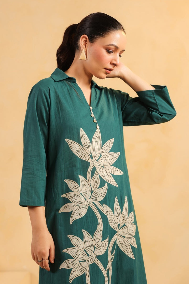 Sargi Teal Printed Cotton Kurta Pant Set