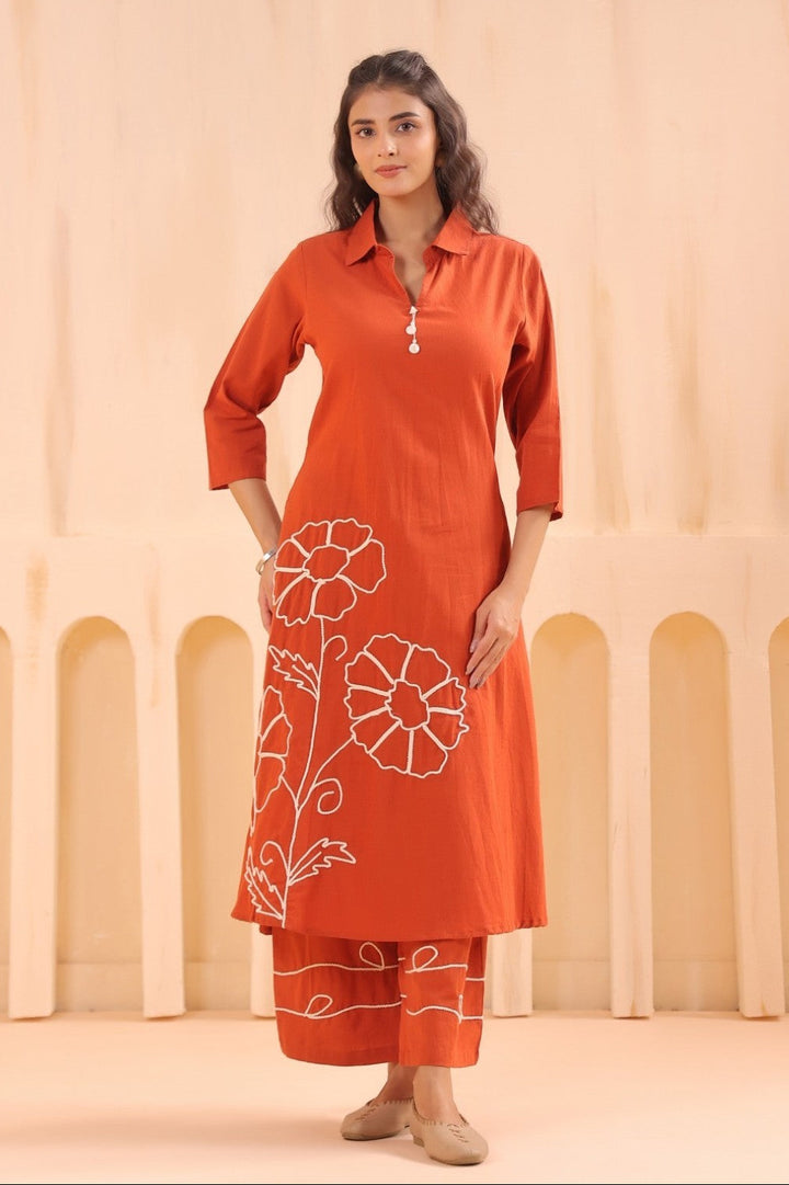 Chhavi Flame Embroidered Kurta Pant Set