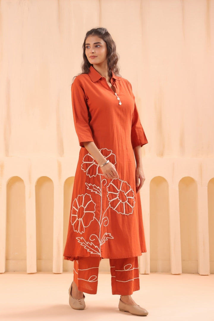 Chhavi Flame Embroidered Kurta Pant Set