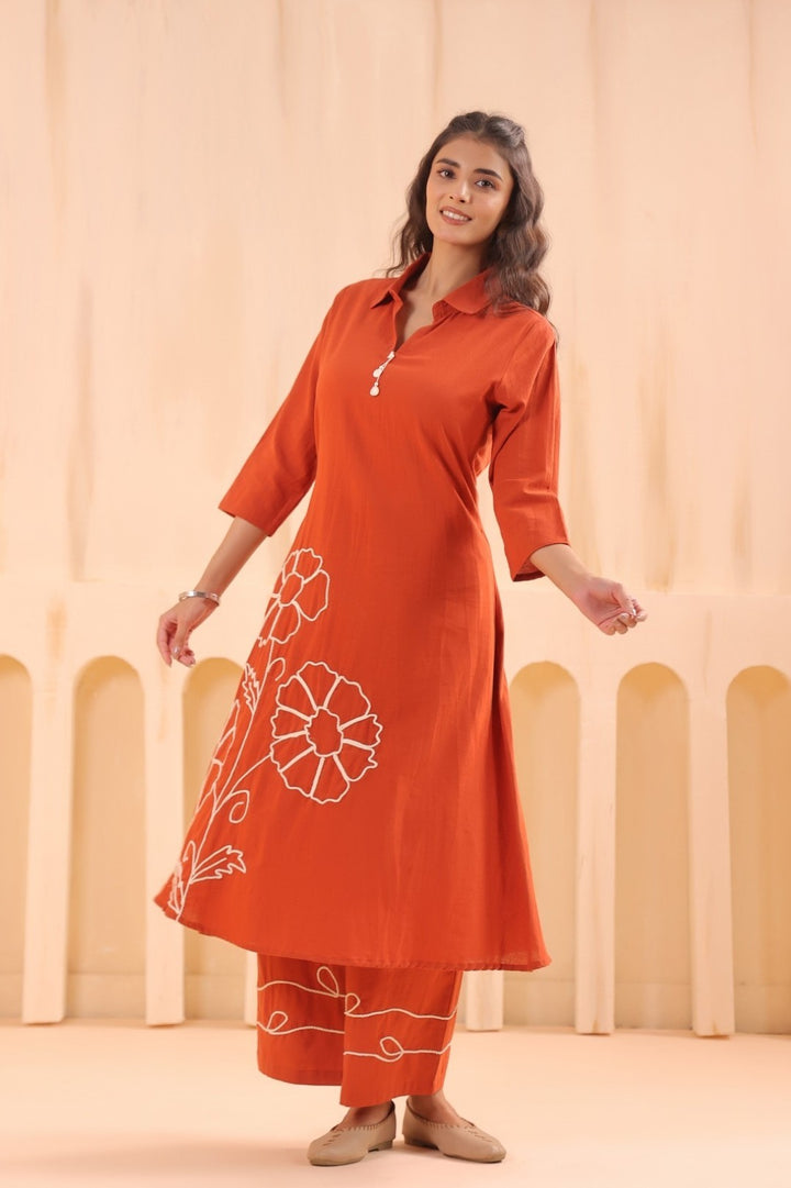 Chhavi Flame Embroidered Kurta Pant Set