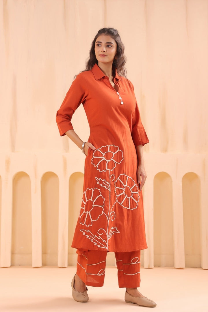 Chhavi Flame Embroidered Kurta Pant Set