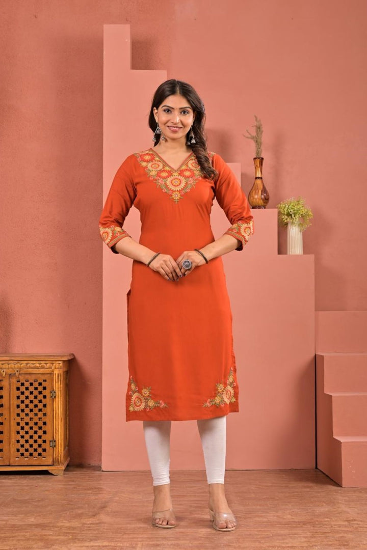 Chandri Tangerine Embroidered Kurti