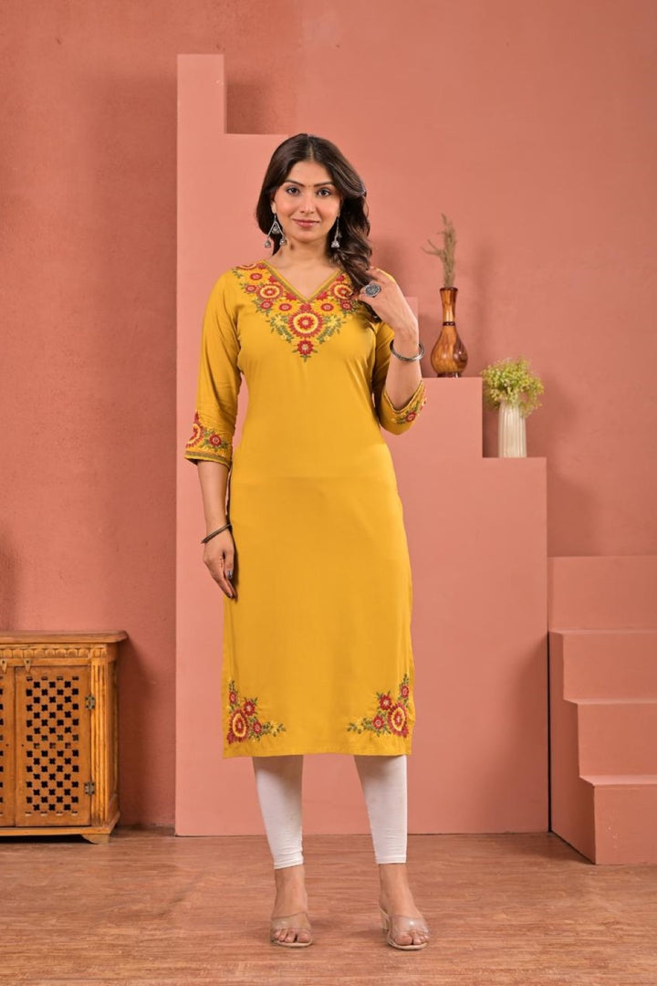 Chandri Mustard Embroidered Kurti