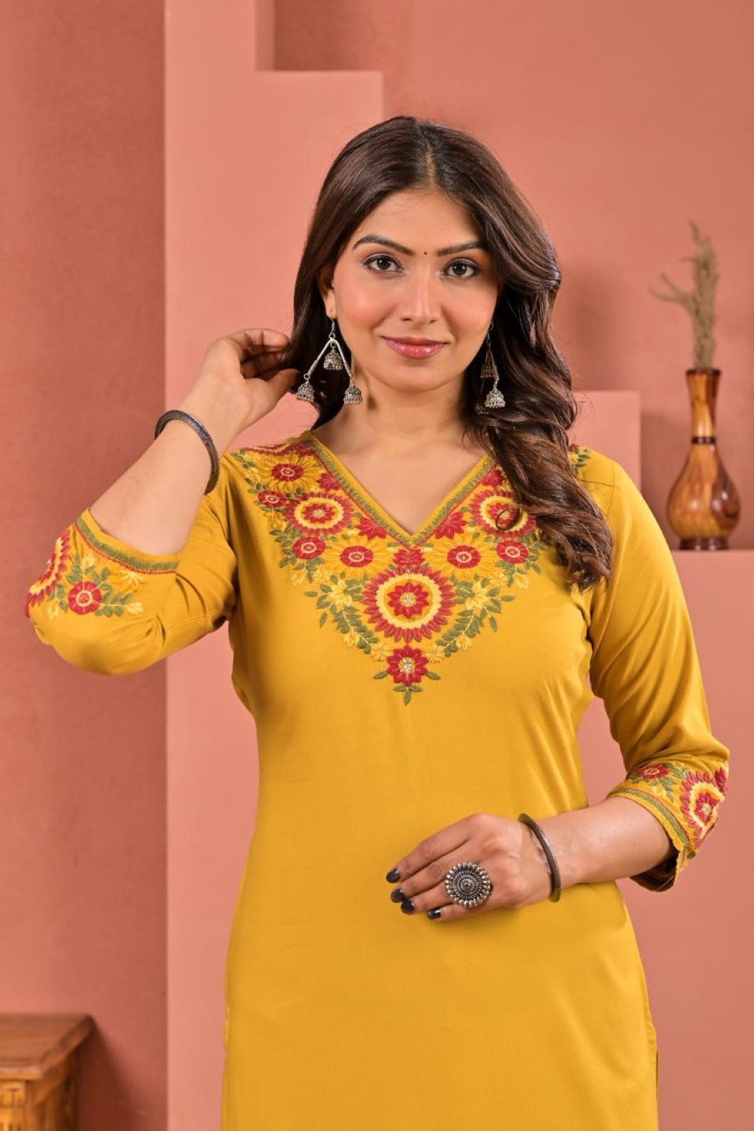 Chandri Mustard Embroidered Kurti