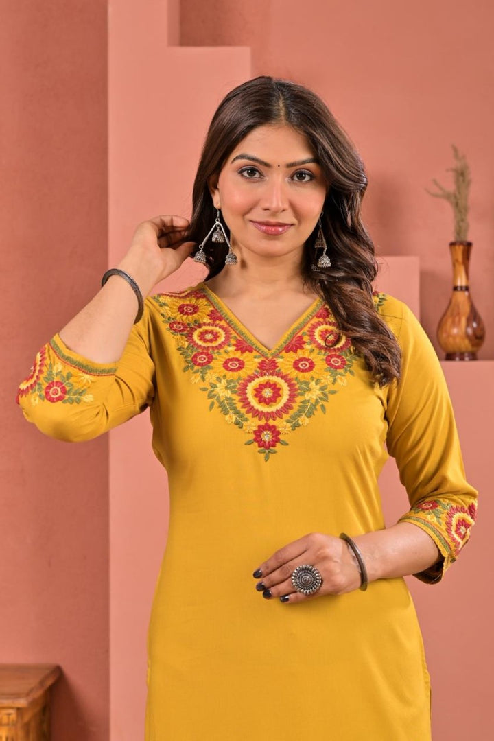 Chandri Mustard Embroidered Kurti