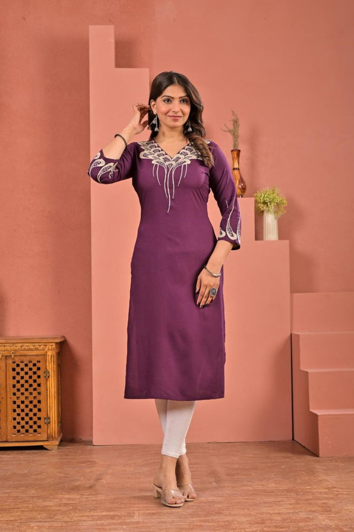 Chandri Wine Embroidered Kurti
