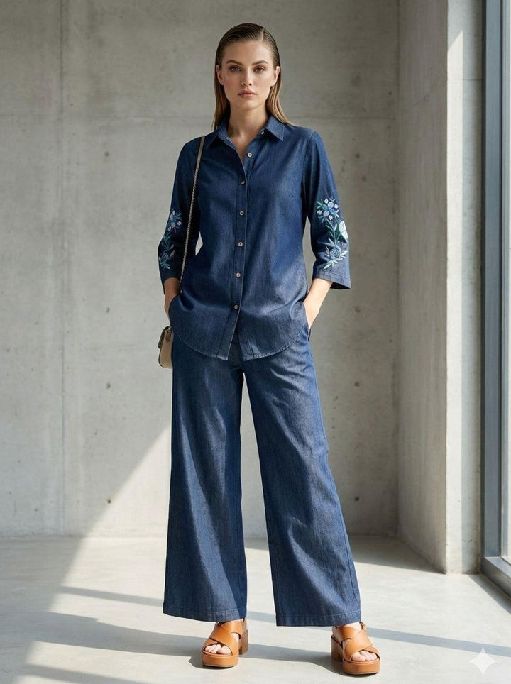 Prisha indi embroidery denim co-ord set