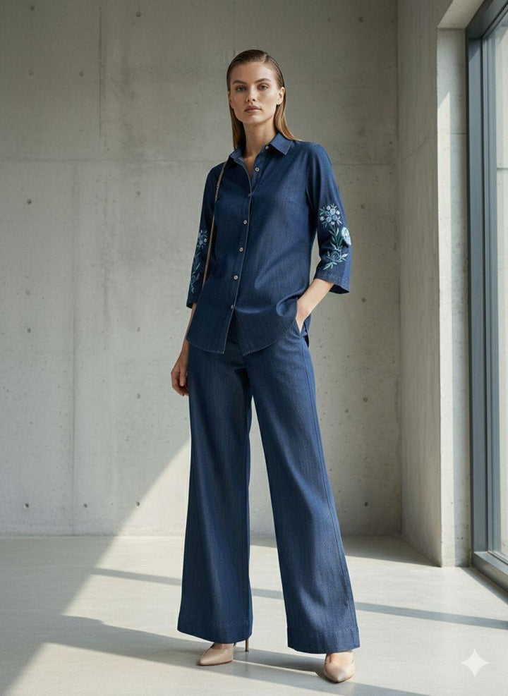 Prisha indi embroidery denim co-ord set