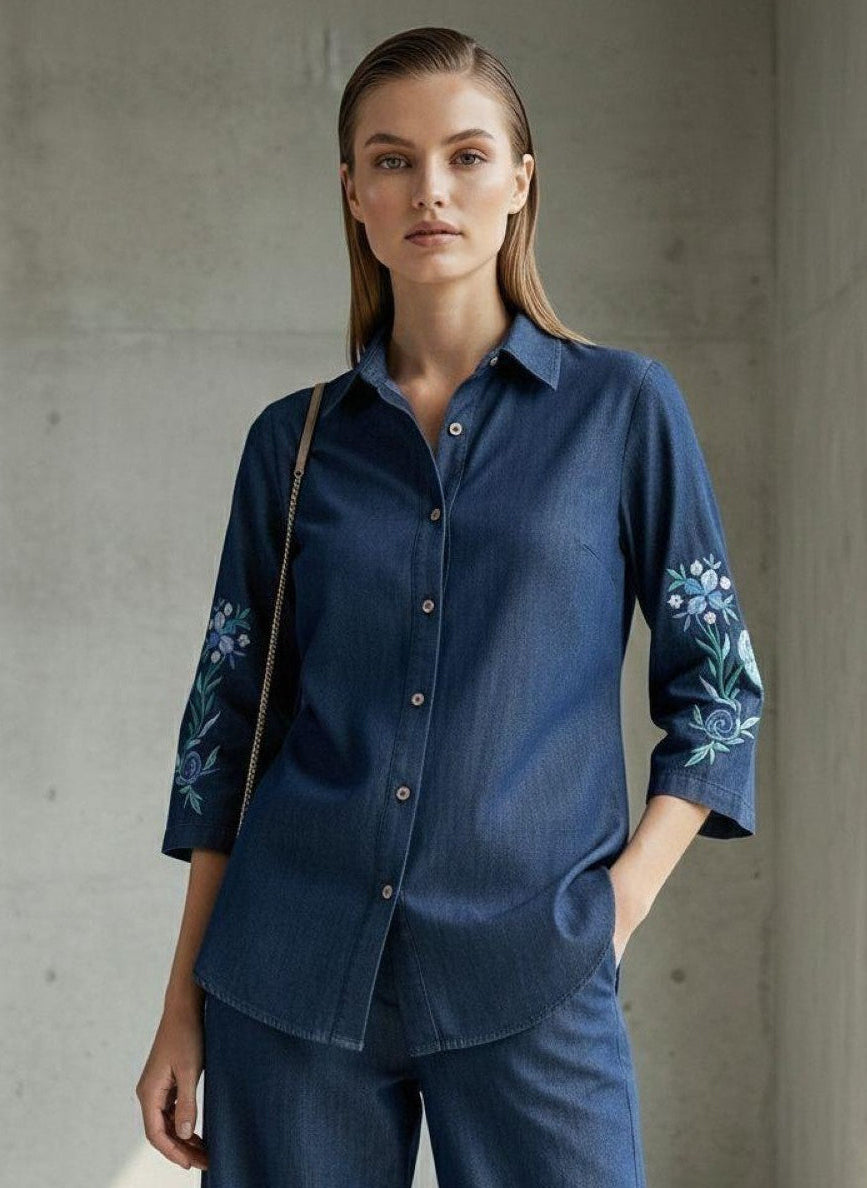 Prisha indi embroidery denim co-ord set