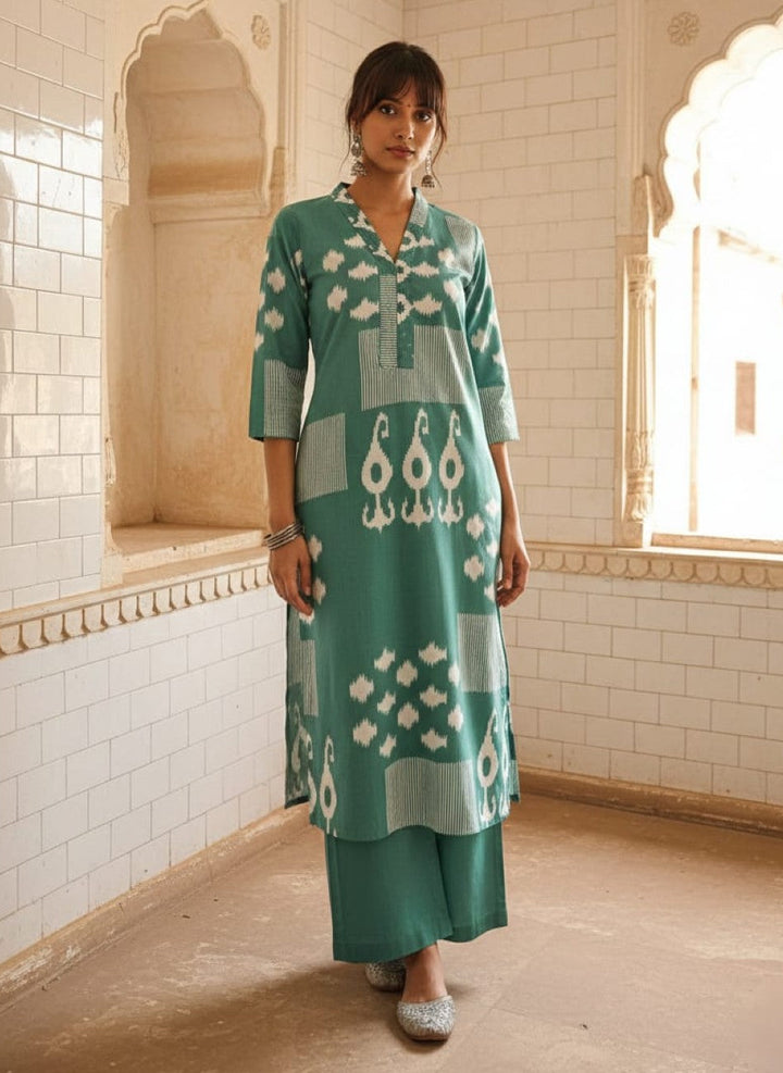 Swades teal cotton kurta pant set