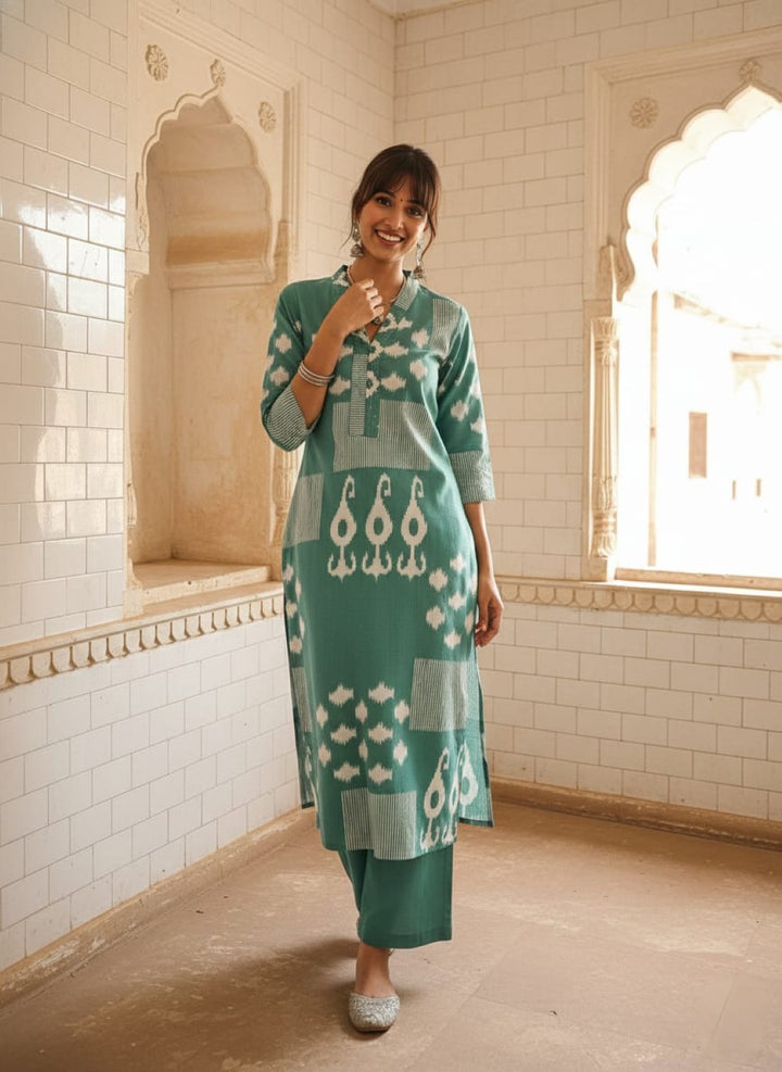 Swades teal cotton kurta pant set
