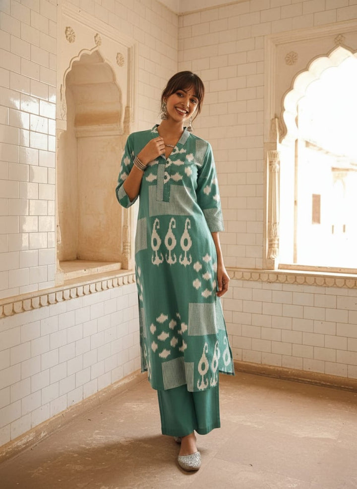Swades teal cotton kurta pant set
