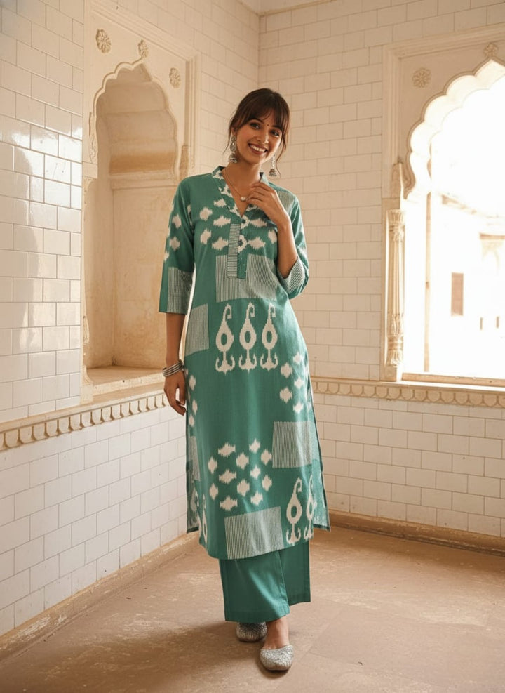 Swades teal cotton kurta pant set