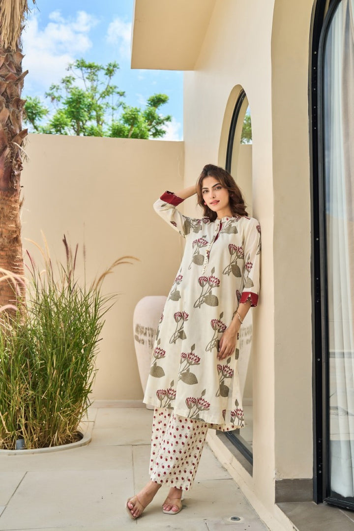 Tatva Cream cotton kurta pant set