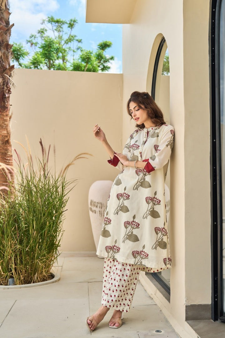 Tatva Cream cotton kurta pant set