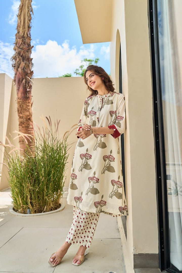 Tatva Cream cotton kurta pant set