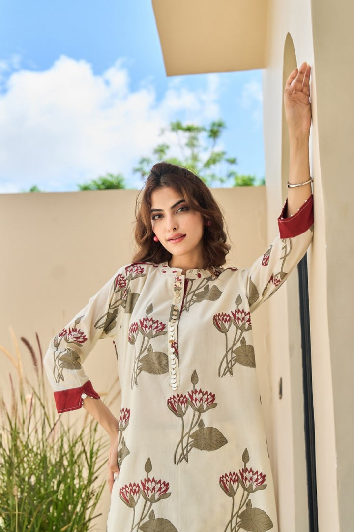 Tatva Cream cotton kurta pant set