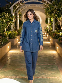 Poppi celest embroidery denim co-ord set