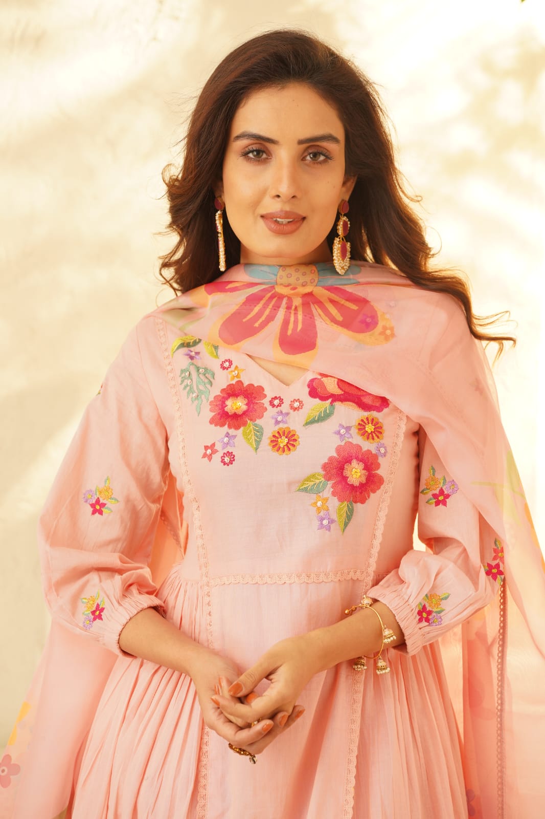 Haniya Salmon Embroidery Anarkali Suit Set