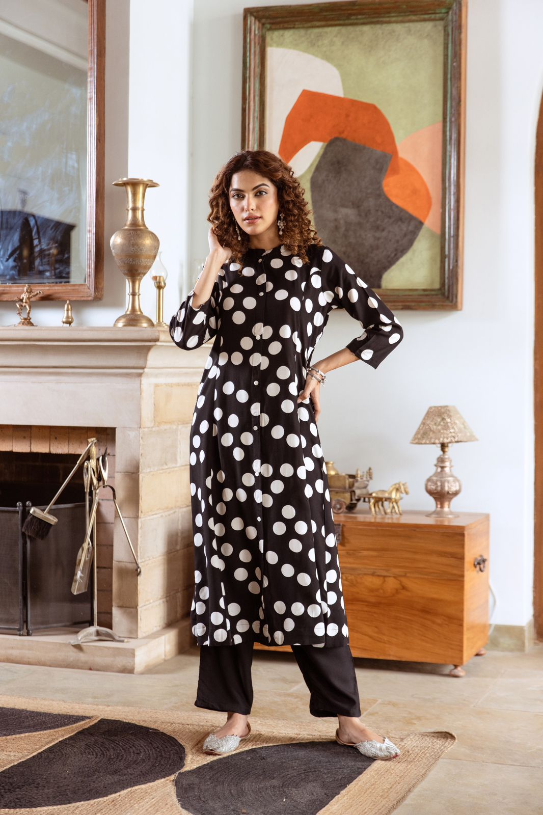 Aruna Charcoal Polka Kurta Pant Set