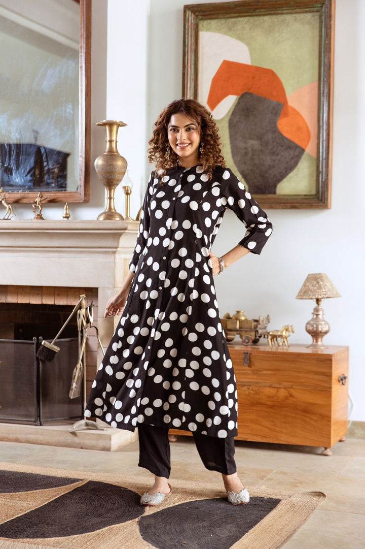 Aruna Charcoal Polka Kurta Pant Set