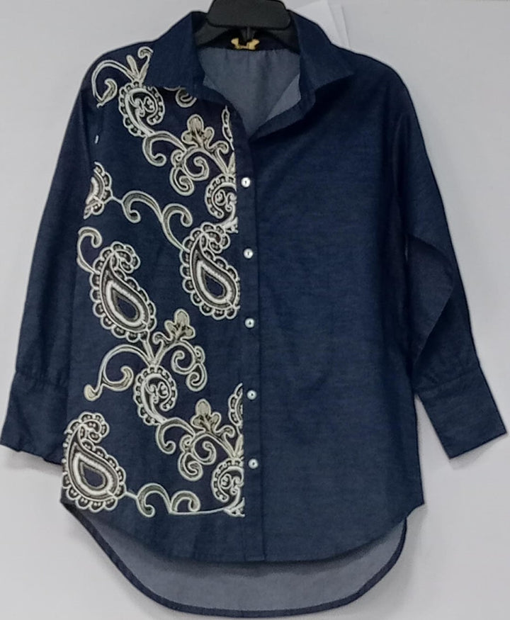 Sharanya hibis Embroidery denim shirt
