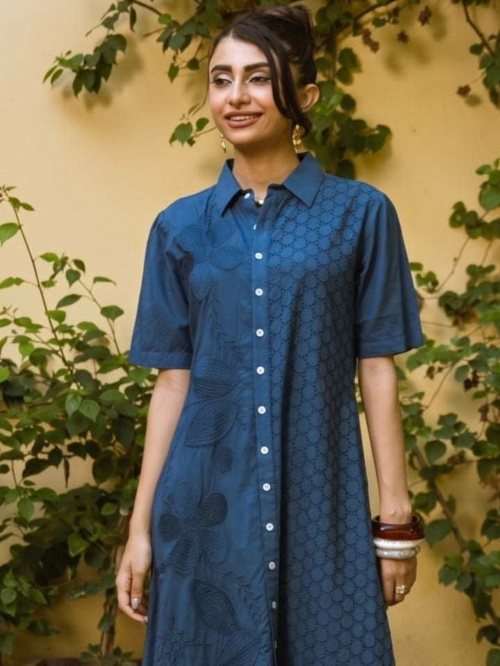 Ravya azure embroidery cotton dress