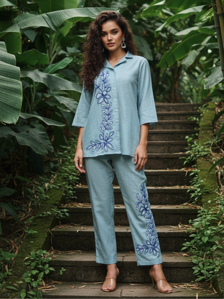 Ivanka SoftBlue Embroidery Co-ord Set