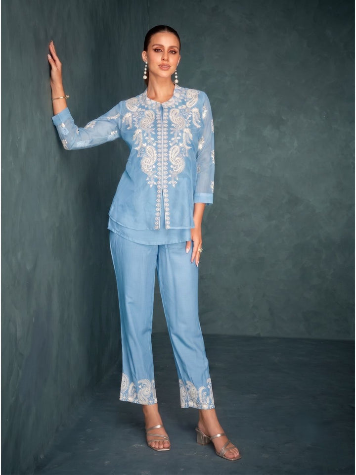 Saba SoftBlue Embroidered 3 pc Co-ord Set