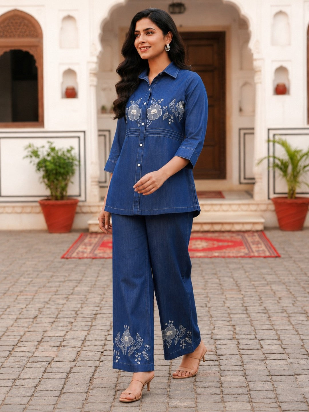 Poppi cobalt embroidery denim co-ord set