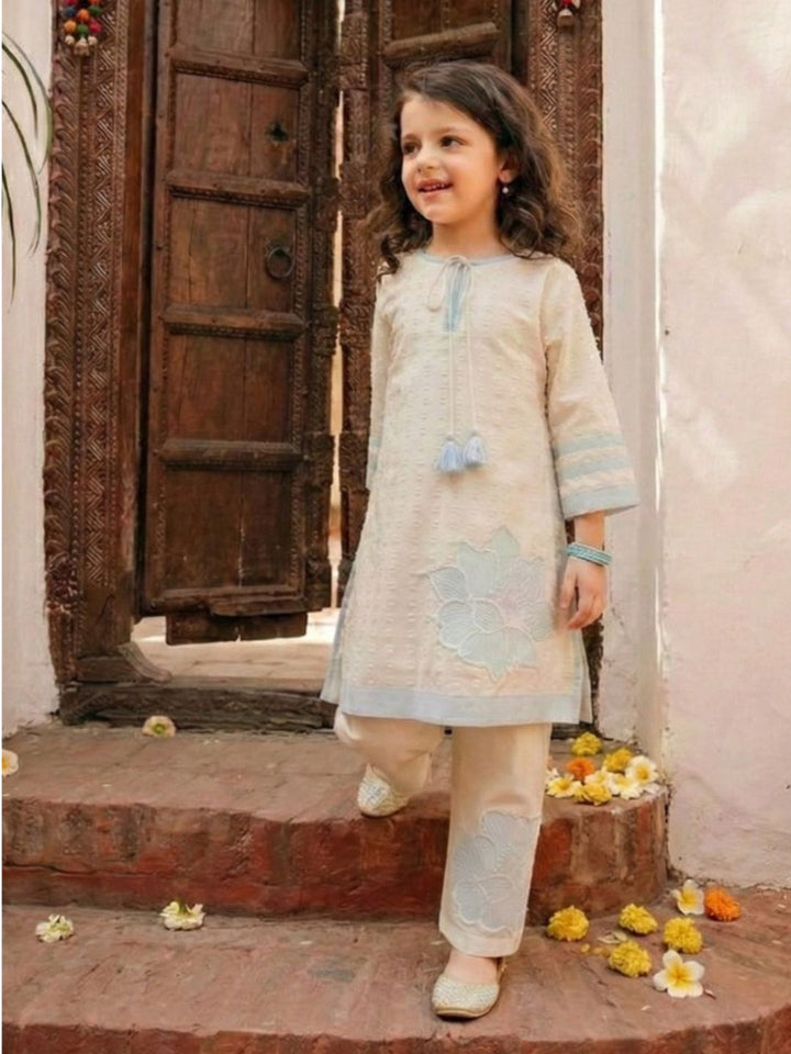 Joy pearl embroidery kids kurta pant set