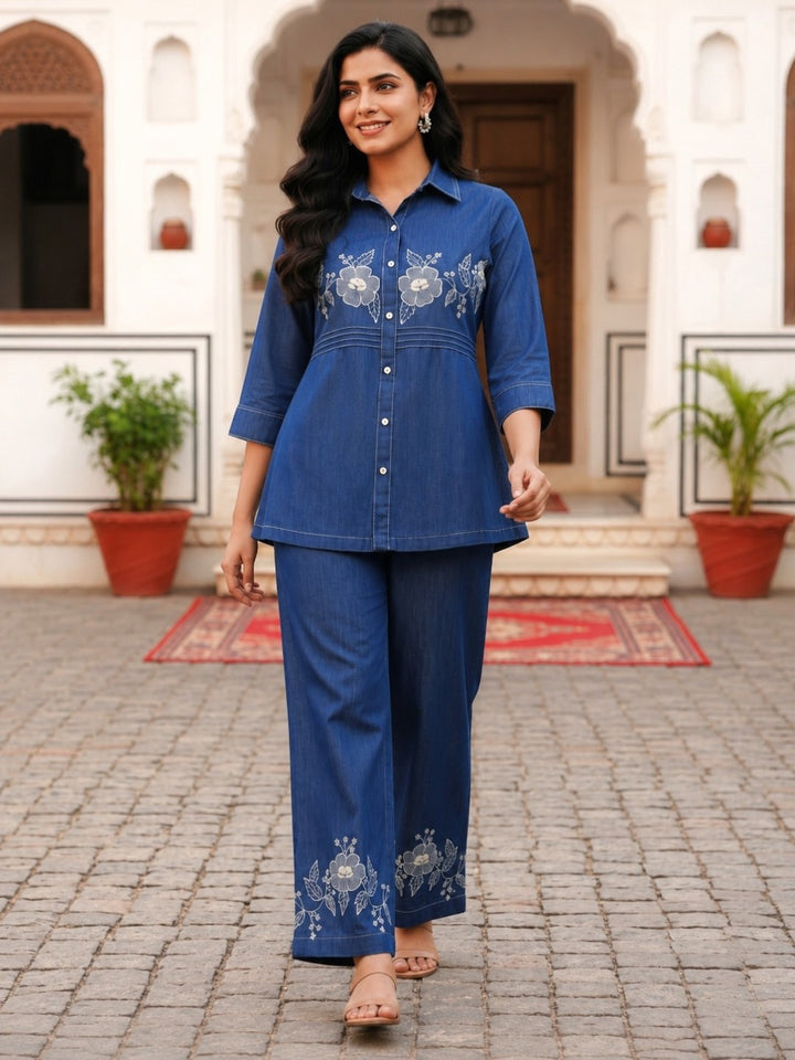 Poppi cobalt embroidery denim co-ord set