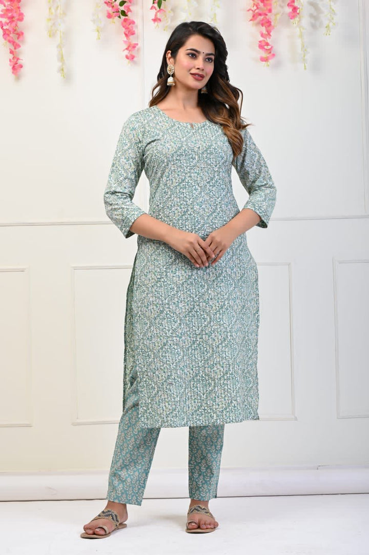 Deval Blue Cotton Kurta Pant Set