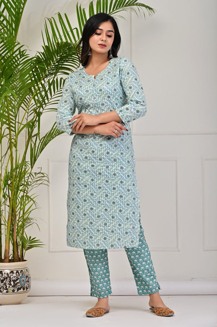 Deval Blue Cotton Kurta Pant Set