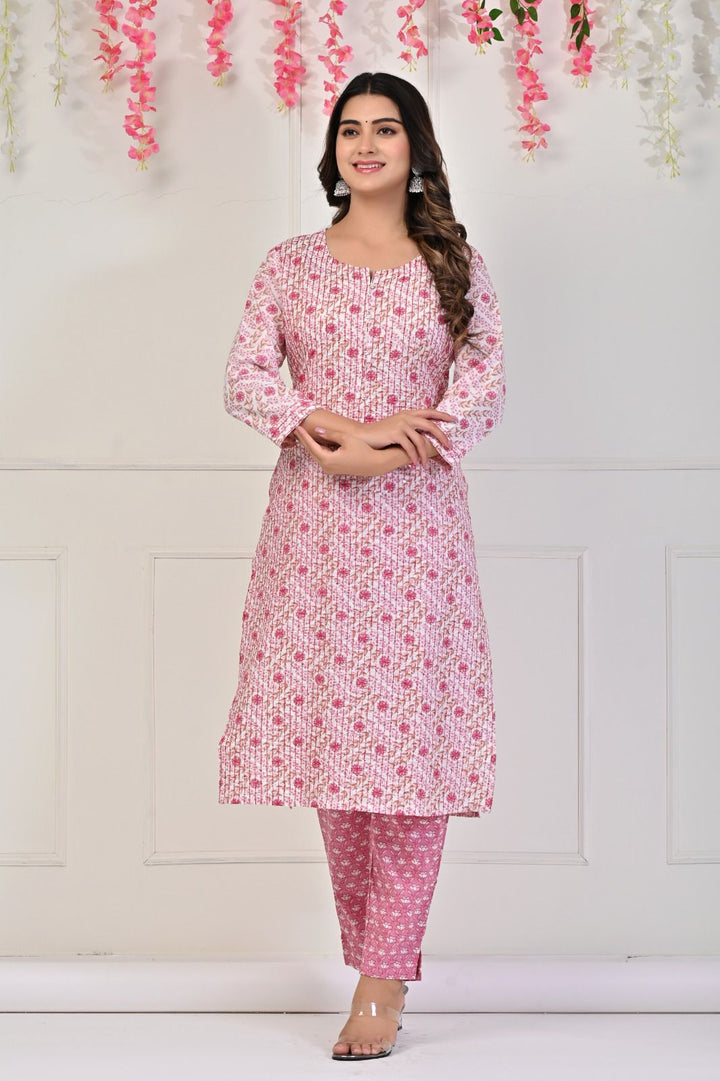 Deval Pink Cotton Kurta Pant Set