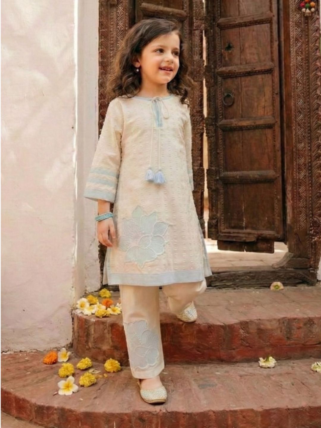 Joy pearl embroidery kids kurta pant set